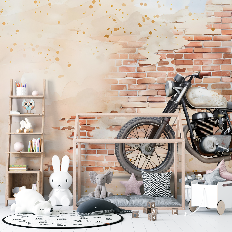 Industrial Mural Wallpaper | Vintage Motorcycle with Brick Wall
