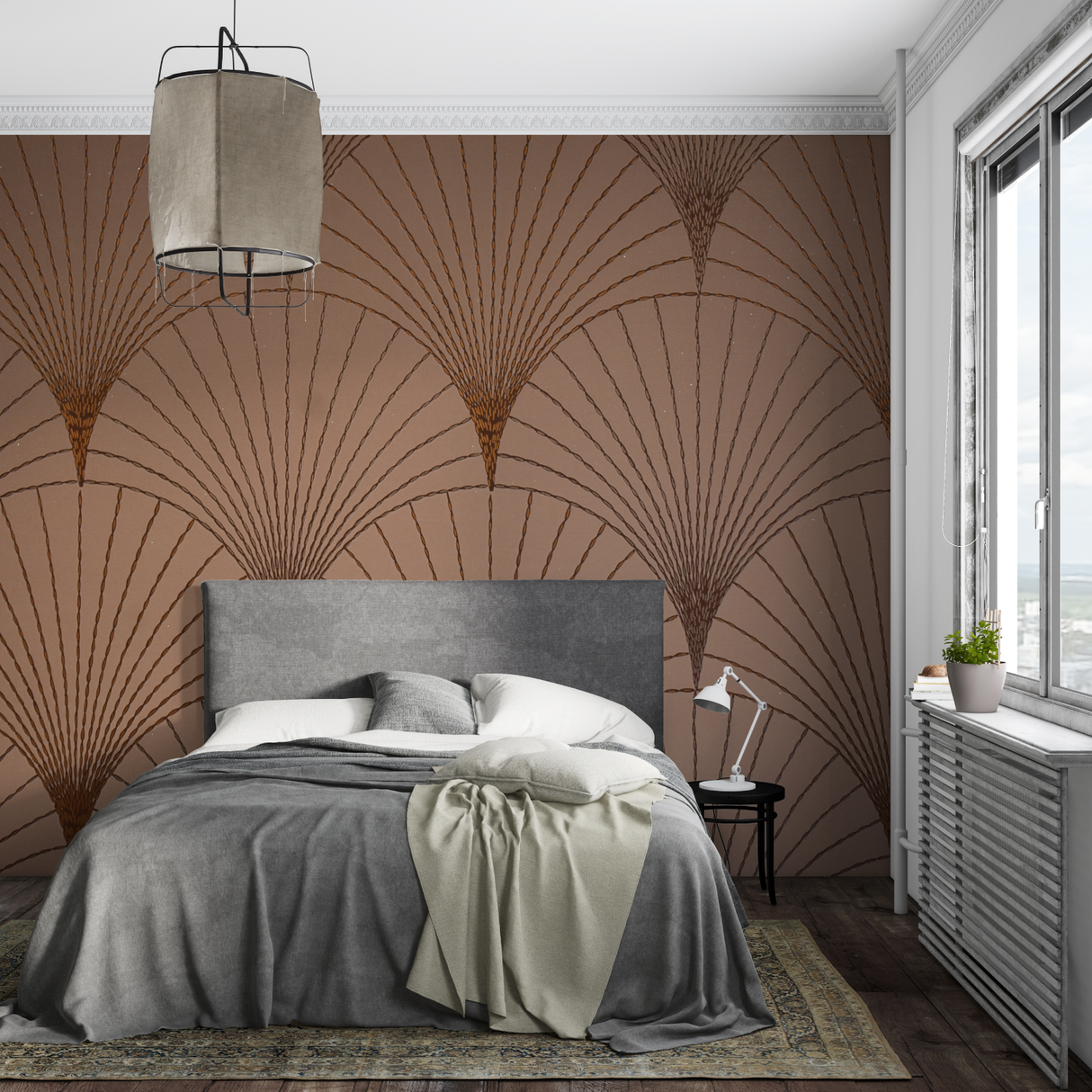 Art Deco Mural Wallpaper | Geometric Fan Pattern in Terracotta