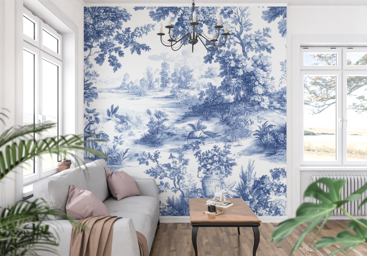 Vintage Mural Wallpaper | Blue and White Toile de Jouy Landscape