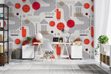 Geometric Mural Wallpaper | Modern Red Circles and Lines Pattern
