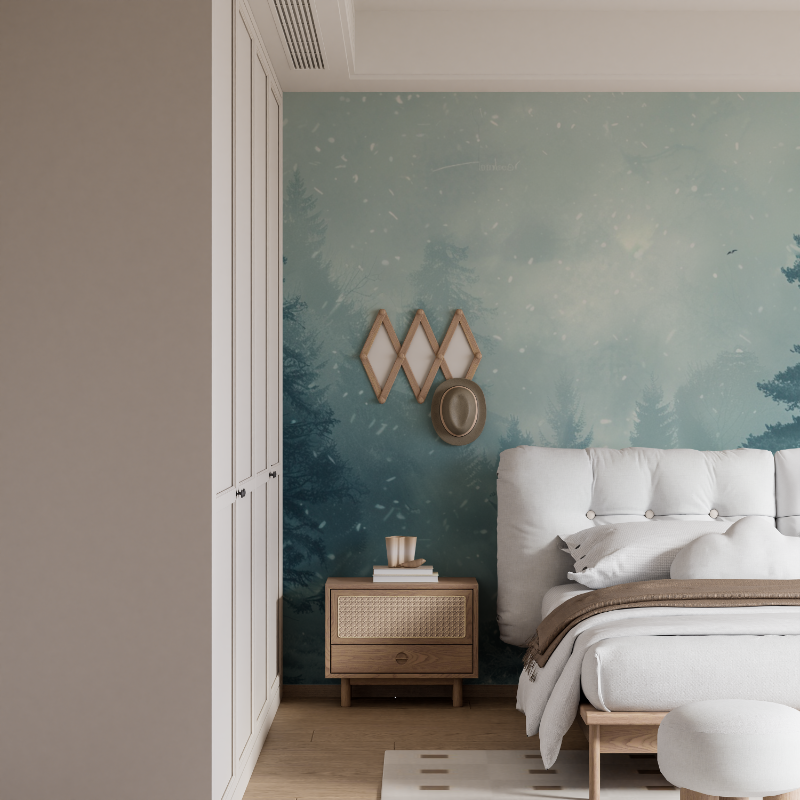 Forest Mural Wallpaper | Snowy Pine Trees With Deer