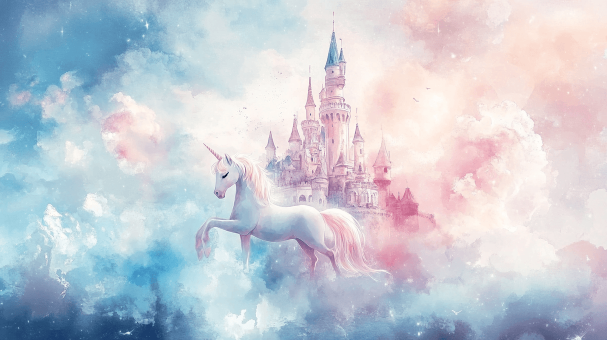 Unicorn Mural Wallpaper | Magical Castle in Pink and Blue Clouds