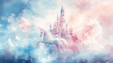 Unicorn Mural Wallpaper | Magical Castle in Pink and Blue Clouds
