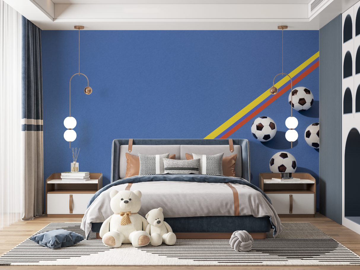 Football Mural Wallpaper | Blue Sporty Design with Rainbow Lines