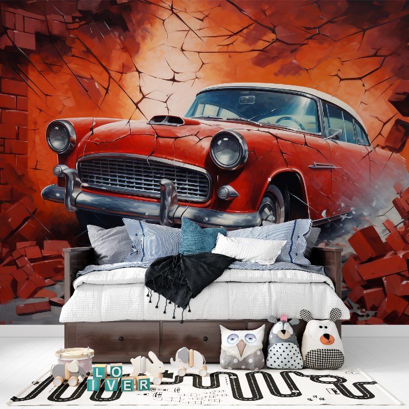 Vintage Car Mural Wallpaper | Classic Red Automobile Through Brick Wall