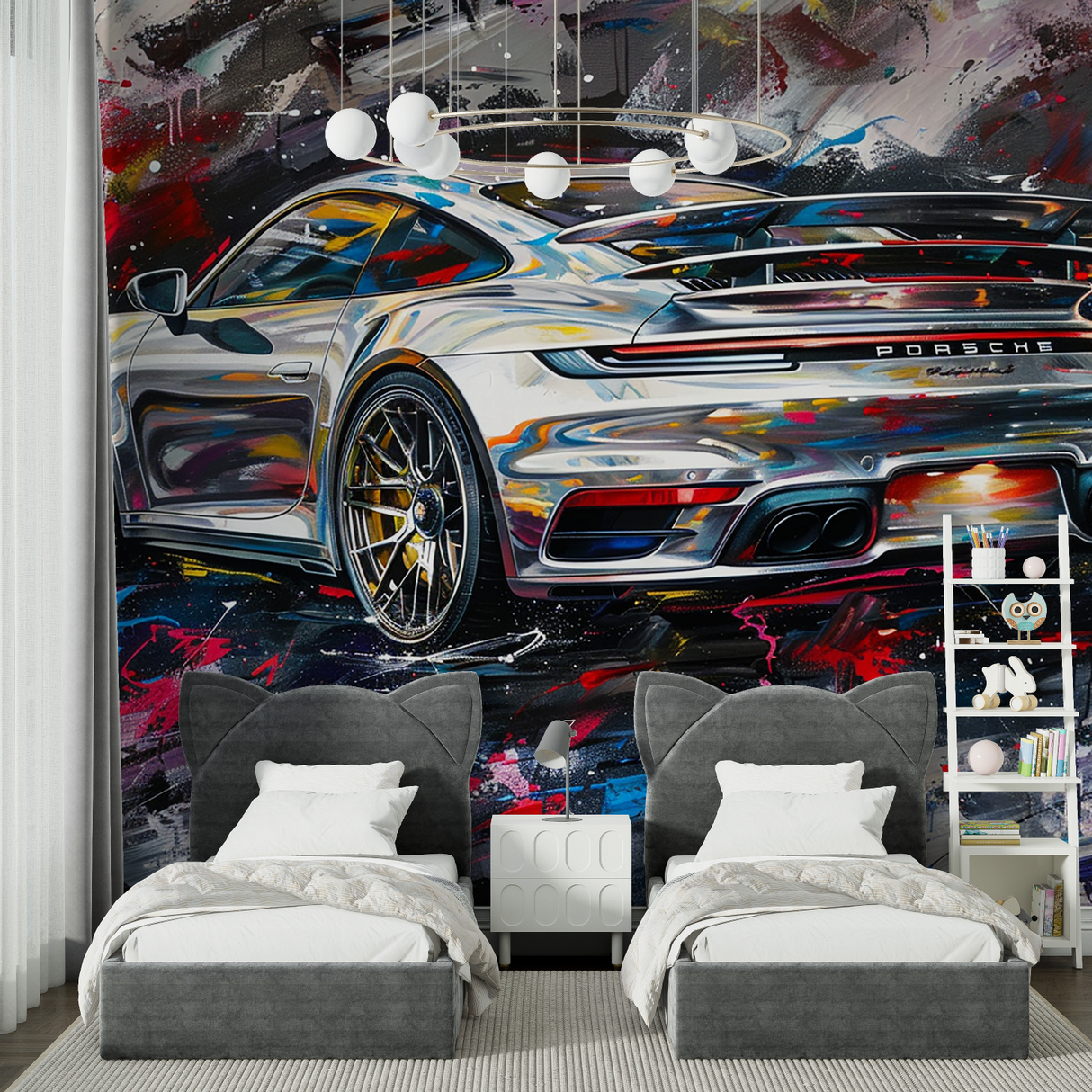 Sports Car Mural Wallpaper | Dynamic Porsche Street Art Design