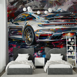 Sports Car Mural Wallpaper | Dynamic Porsche Street Art Design