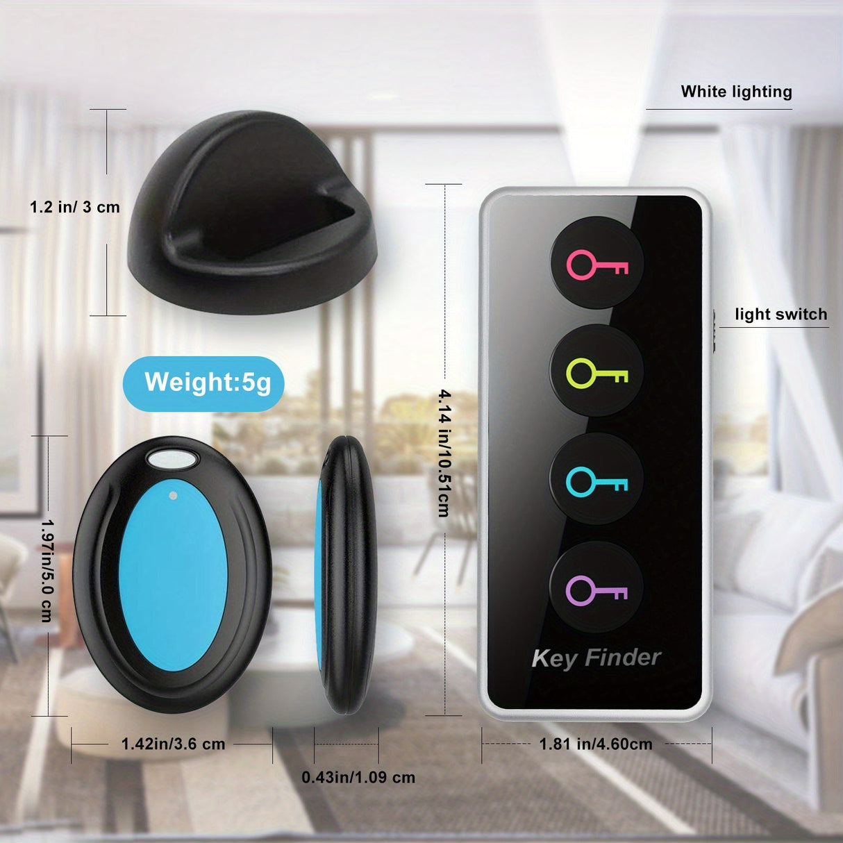 Smart Key Finder Set  4 Color-Coded Wireless Trackers with LED Alert - Detailed view