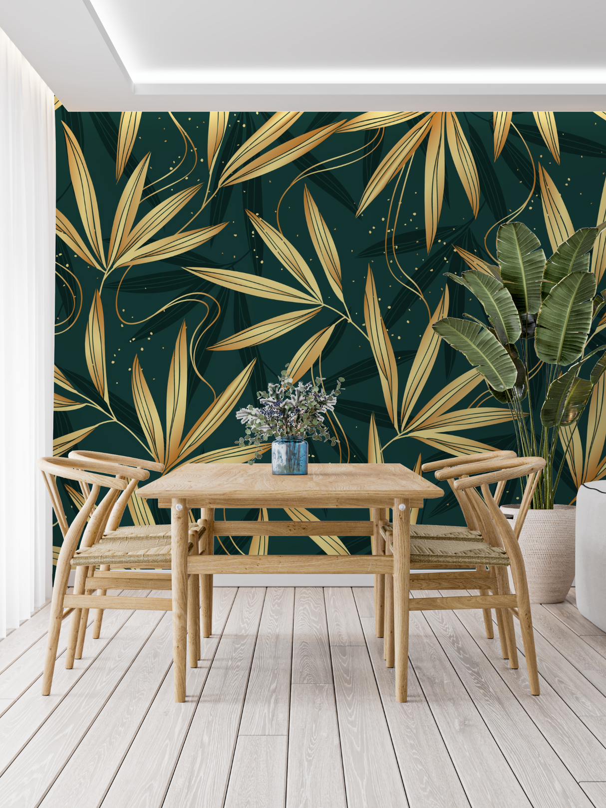 Bamboo Mural Wallpaper | Elegant Gold Leaves on Green