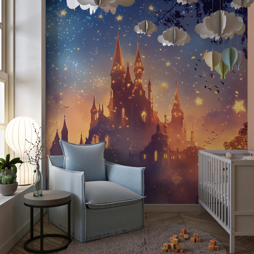 Castle Mural Wallpaper | Magical Night Sky With Golden Stars