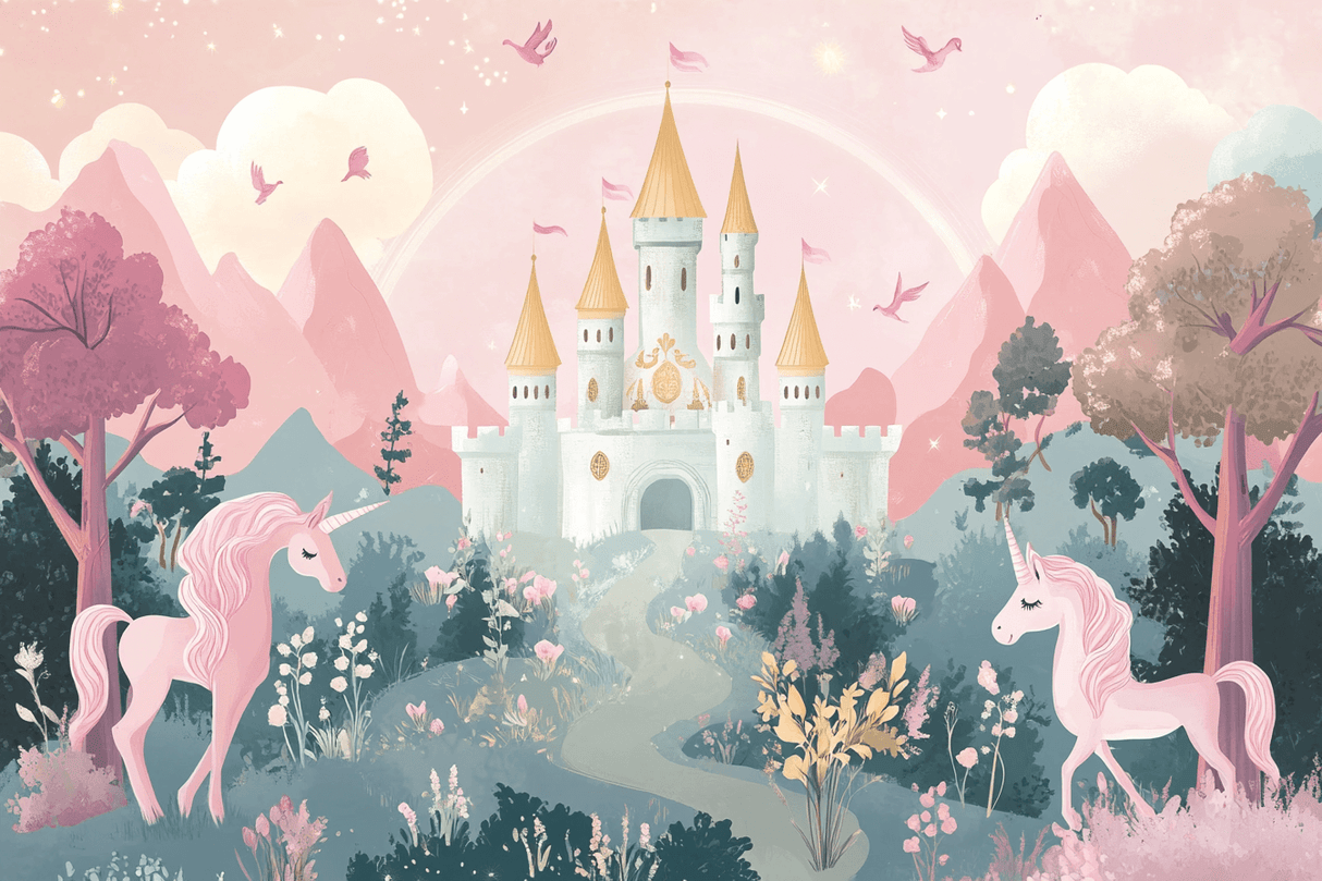 Princess Mural Wallpaper | Enchanted Castle with Pink Unicorns