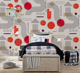 Geometric Mural Wallpaper | Modern Red Circles and Lines Pattern