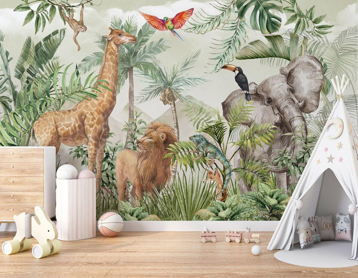 Papier Peint Mural Animaux de la Jungle | Faune Safari avec Feuillage Tropical