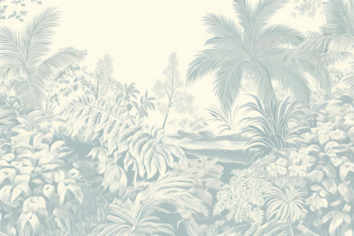 Tropical Mural Wallpaper | Soft Blue Palm Leaves Design