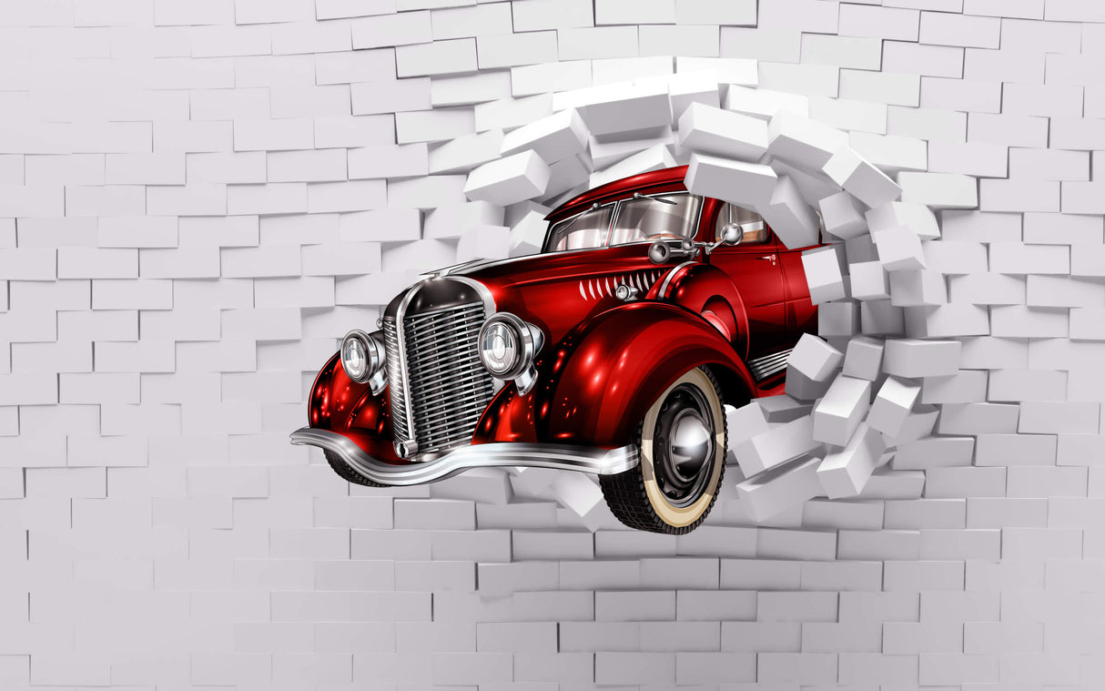 Vintage Car Mural Wallpaper | 3D Red Classic Auto Breaking Through Wall