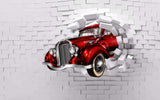 Vintage Car Mural Wallpaper | 3D Red Classic Auto Breaking Through Wall