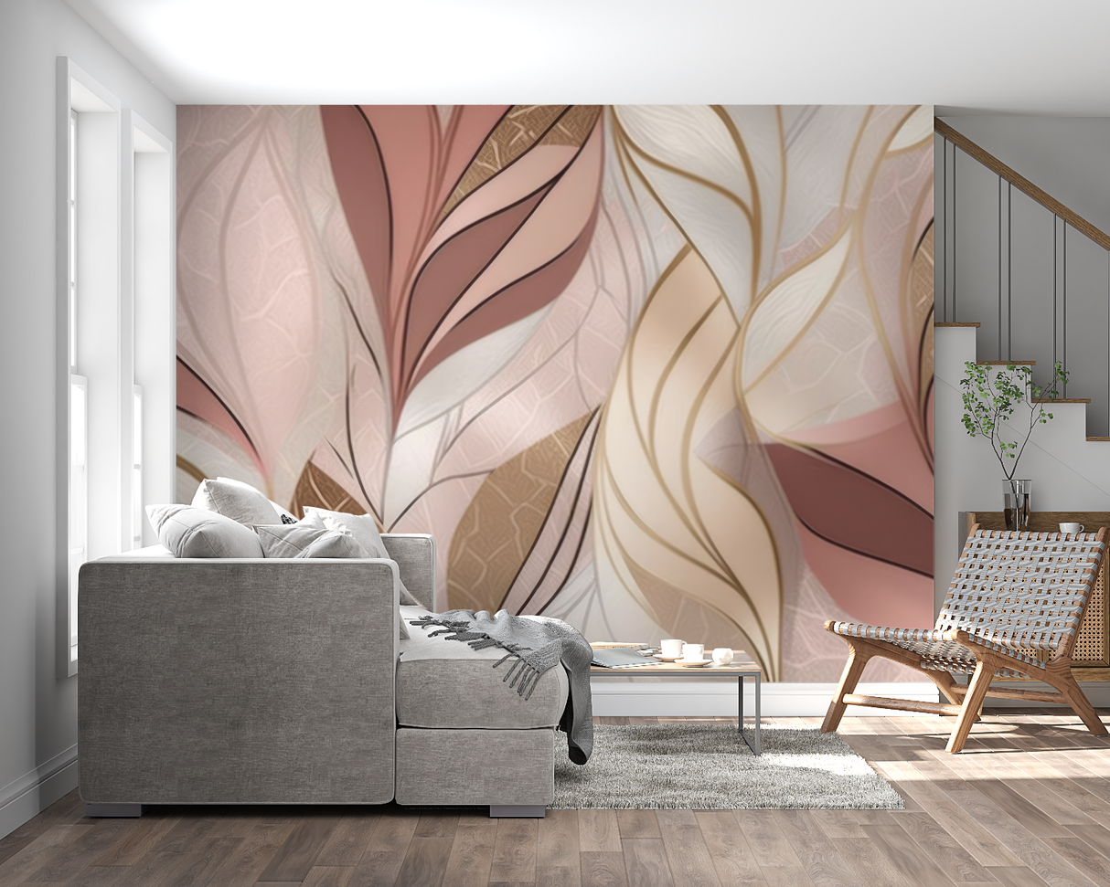 Abstract Mural Wallpaper | Blush Pink and Gold Leaves Design