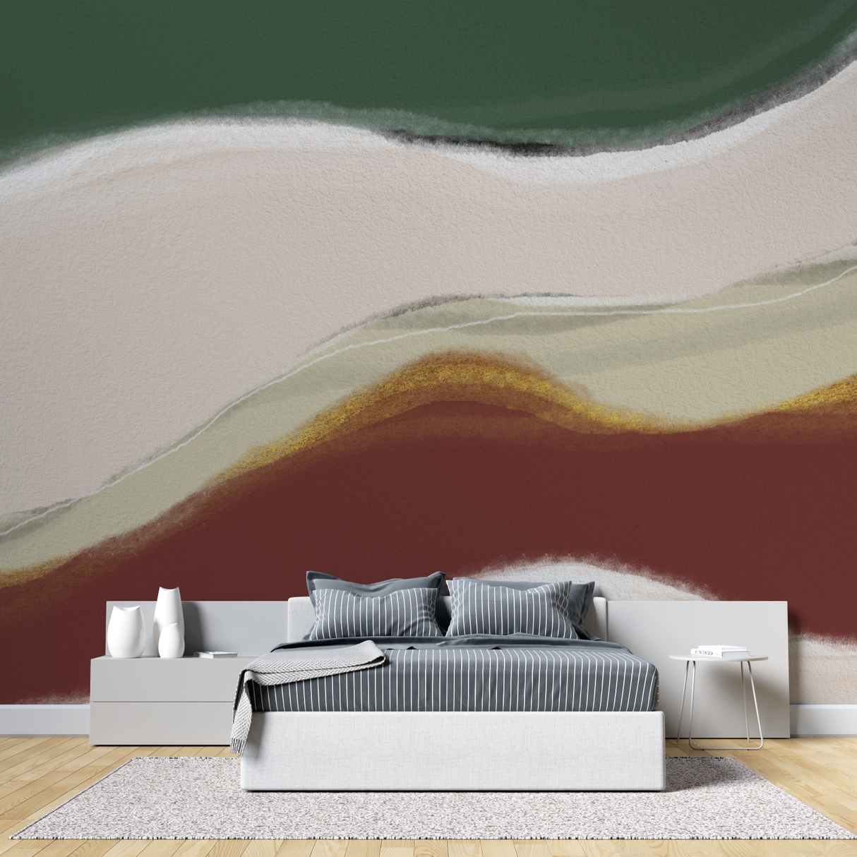 Abstract Mural Wallpaper | Green and Terracotta Wave Design