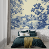 French Toile Mural Wallpaper | Blue Pastoral Landscape Design