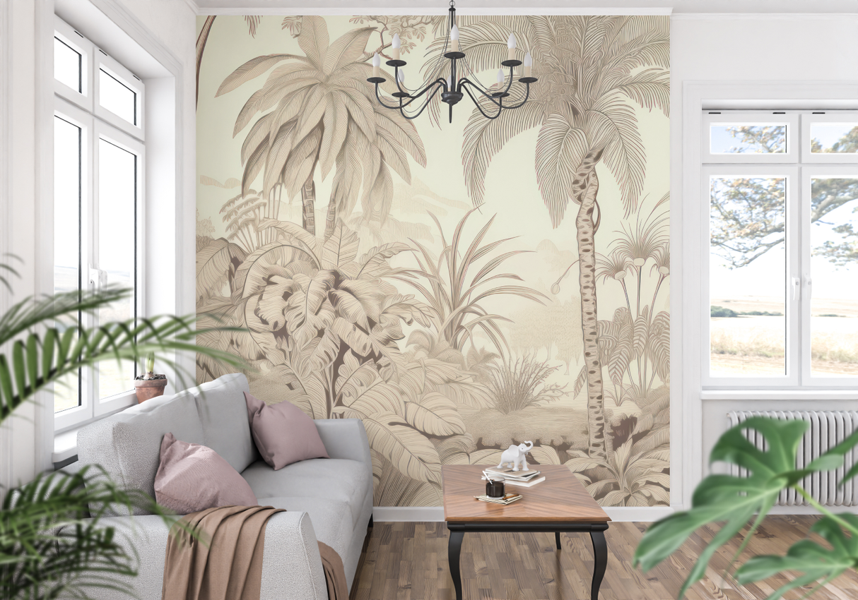 Tropical Mural Wallpaper | Beige Palm Trees and Nature Scene