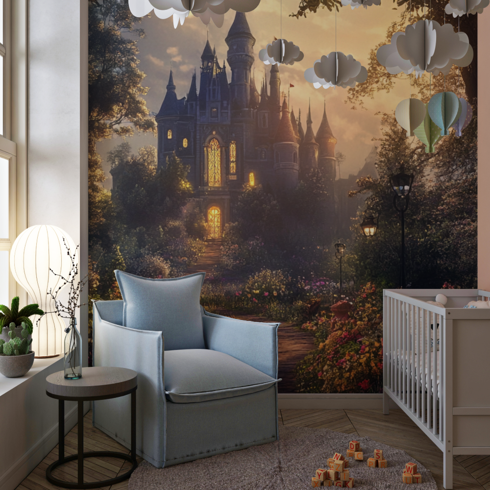 Castle Mural Wallpaper | Enchanted Garden Path at Sunset