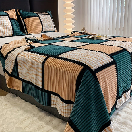 Geometric Flannel Blanket  Teal Beige Checkered Pattern - Product detail 14