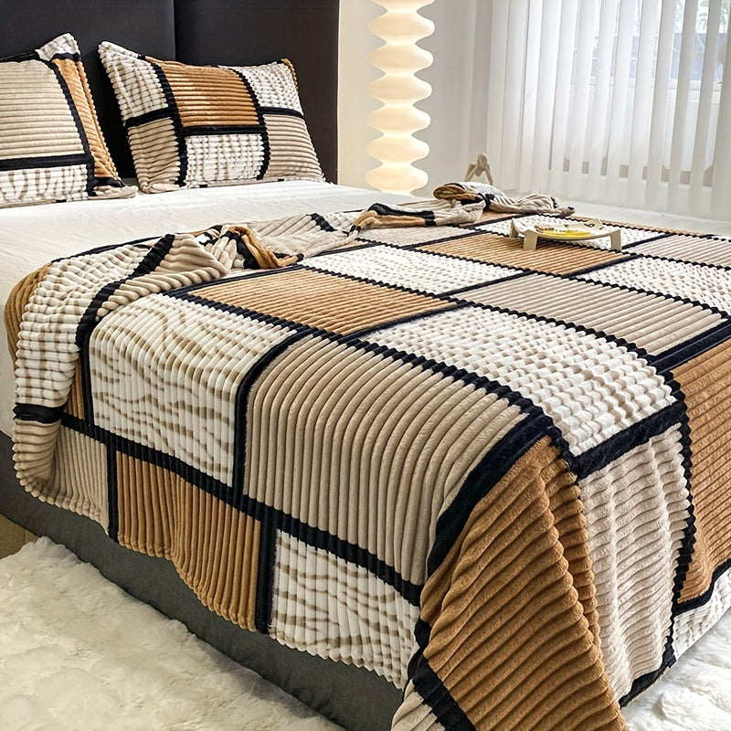 Geometric Flannel Blanket  Teal Beige Checkered Pattern - Product example