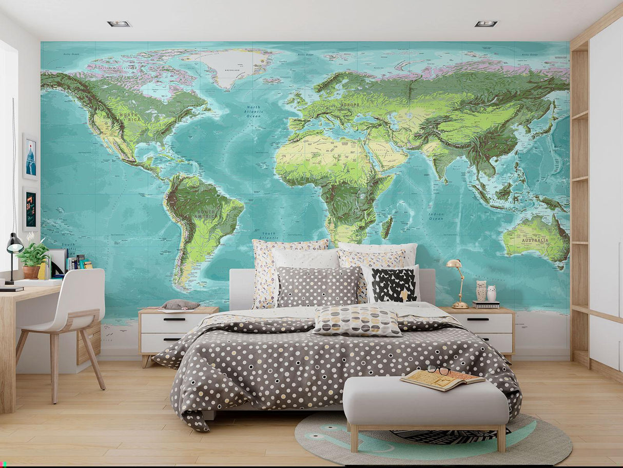 World Map Mural Wallpaper | Topographical Design in Turquoise and Green