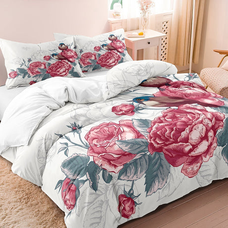 Botanical Duvet Cover Set  Pink Rose Pattern With Grey Leaves - Product detail 5