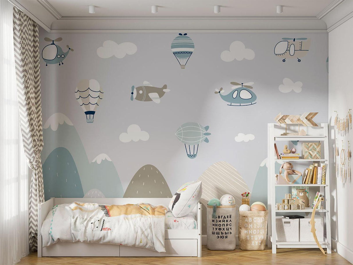 Sky Adventure Mural Wallpaper | Mountain Landscape with Aircraft Design