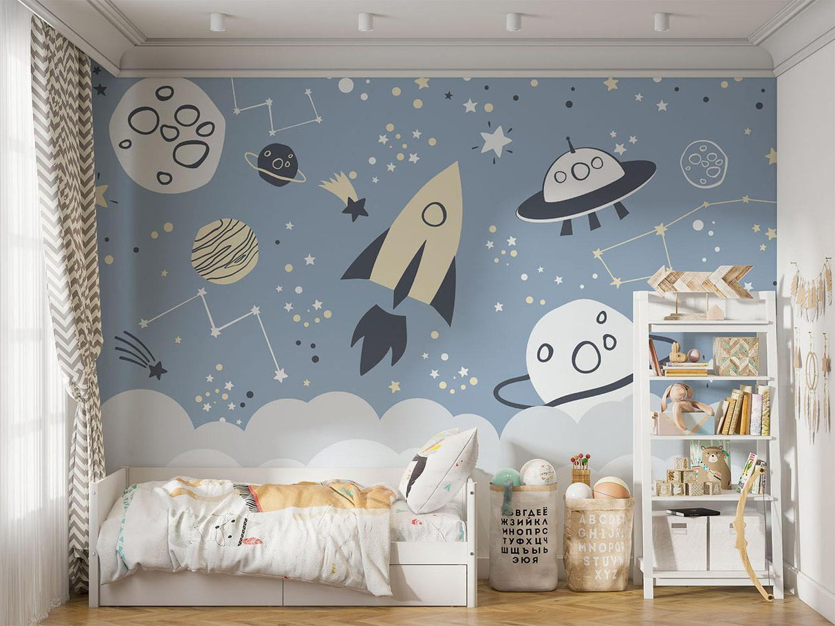 Space Mural Wallpaper | Galaxy Adventure with Rockets and UFOs