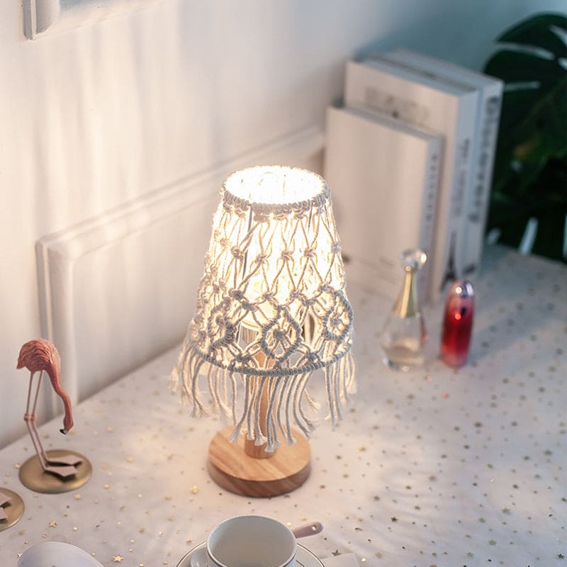 Macrame Table Lamp  Natural Cotton With Wooden Base - Product showcase