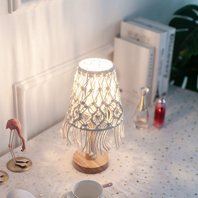 Macrame Table Lamp  Natural Cotton With Wooden Base - Product showcase