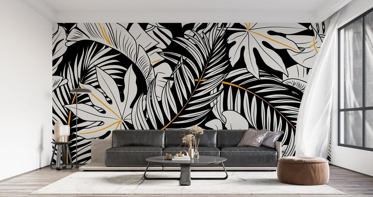 Papier Peint Mural Tropical | Monstera Noir et Blanc avec Accents Dorés