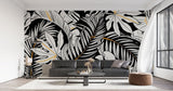 Papier Peint Mural Tropical | Monstera Noir et Blanc avec Accents Dorés