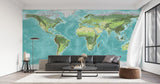 World Map Mural Wallpaper | Topographical Design in Turquoise and Green