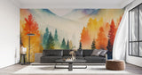 Papier Peint Mural Forêt | Scène Aquarelle Montagne Brumeuse