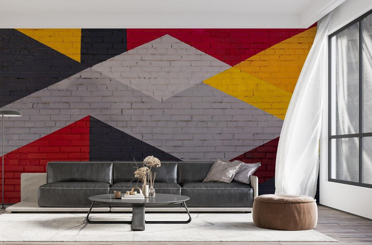 Geometrische Tapete | Modernes Ziegelmuster mit Rot und Gelb