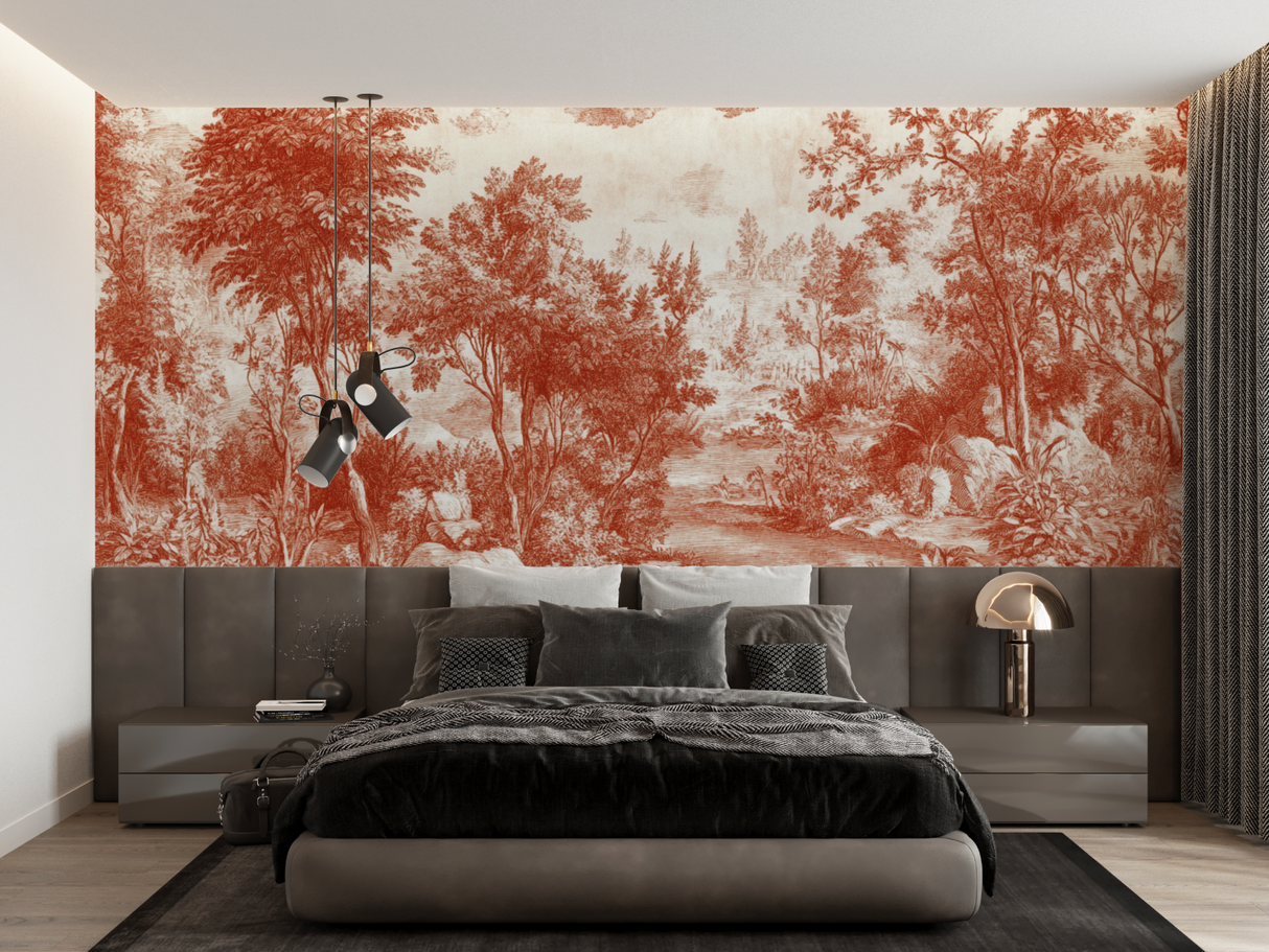 Toile de Jouy Mural Wallpaper | Terracotta Forest Scene