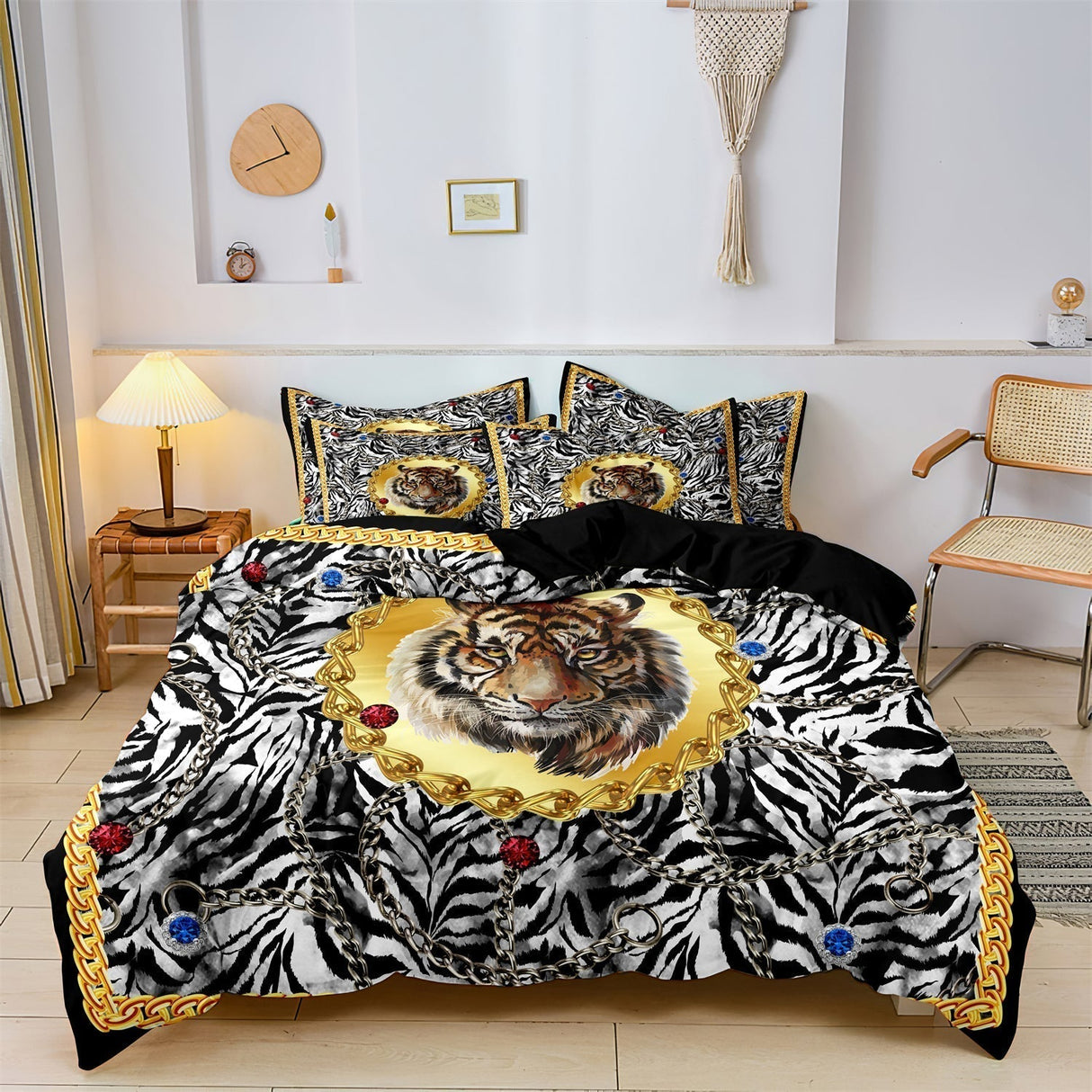 Wild Tiger Bedding Set  Jungle Print Duvet Cover With Gold Accents - Product showcase