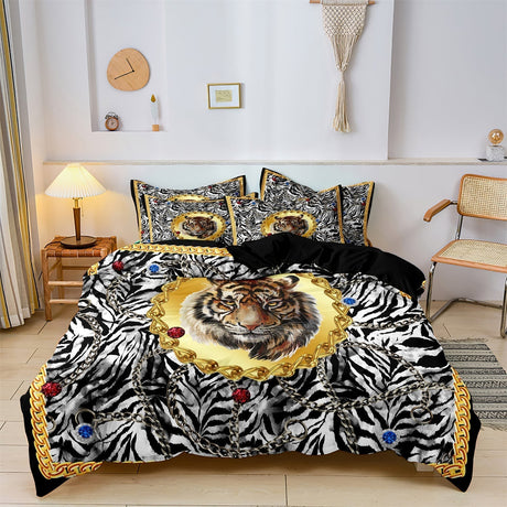 Wild Tiger Bedding Set  Jungle Print Duvet Cover With Gold Accents - Product showcase