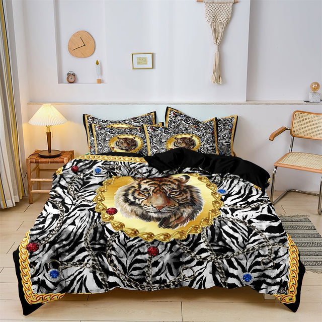 Wild Tiger Bedding Set  Jungle Print Duvet Cover With Gold Accents - Product showcase