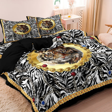 Wild Tiger Bedding Set  Jungle Print Duvet Cover With Gold Accents - Product detail 4