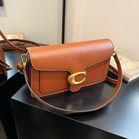 Classic Leather Crossbody Bag  Brass Buckle Square Design - Product showcase