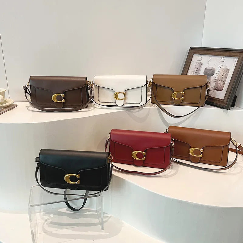 Classic Leather Crossbody Bag  Brass Buckle Square Design - Detailed view