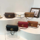 Classic Leather Crossbody Bag  Brass Buckle Square Design - Detailed view