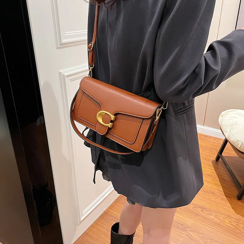 Classic Leather Crossbody Bag  Brass Buckle Square Design - Product detail 4