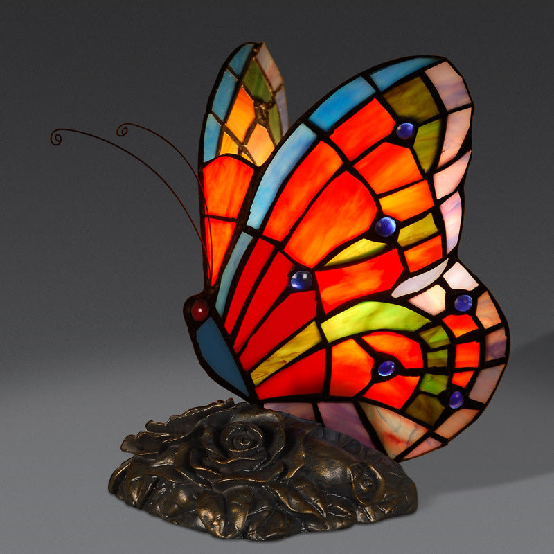 Stained Glass Table Lamp  Butterfly Design With Bronze Rose Base - Product detail 4