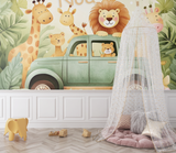 Safari Mural Wallpaper | Jungle Animals Adventure with Vintage Car