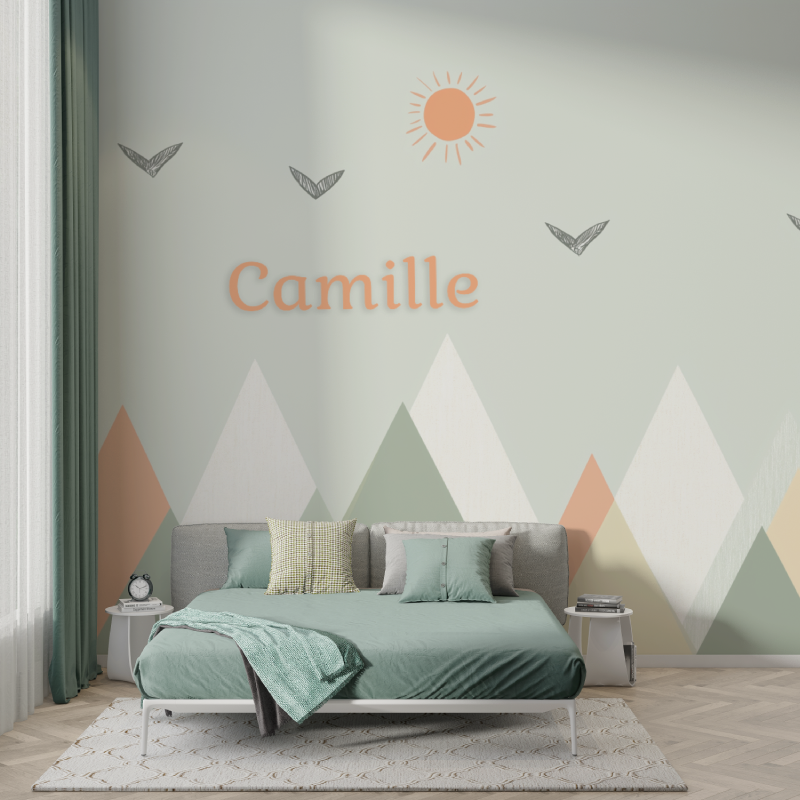 Mountain Mural Wallpaper | Geometric Pastel Design with Birds